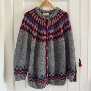 Handmade fair isle pattern grey blue and red wool cardigan